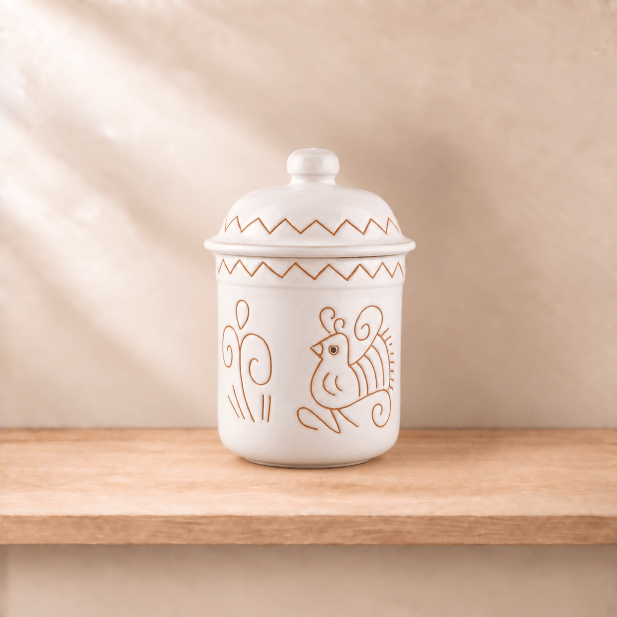 Barattolo in Ceramica con Coperchio e Pavoncella Bianca - Artigianato Pasella