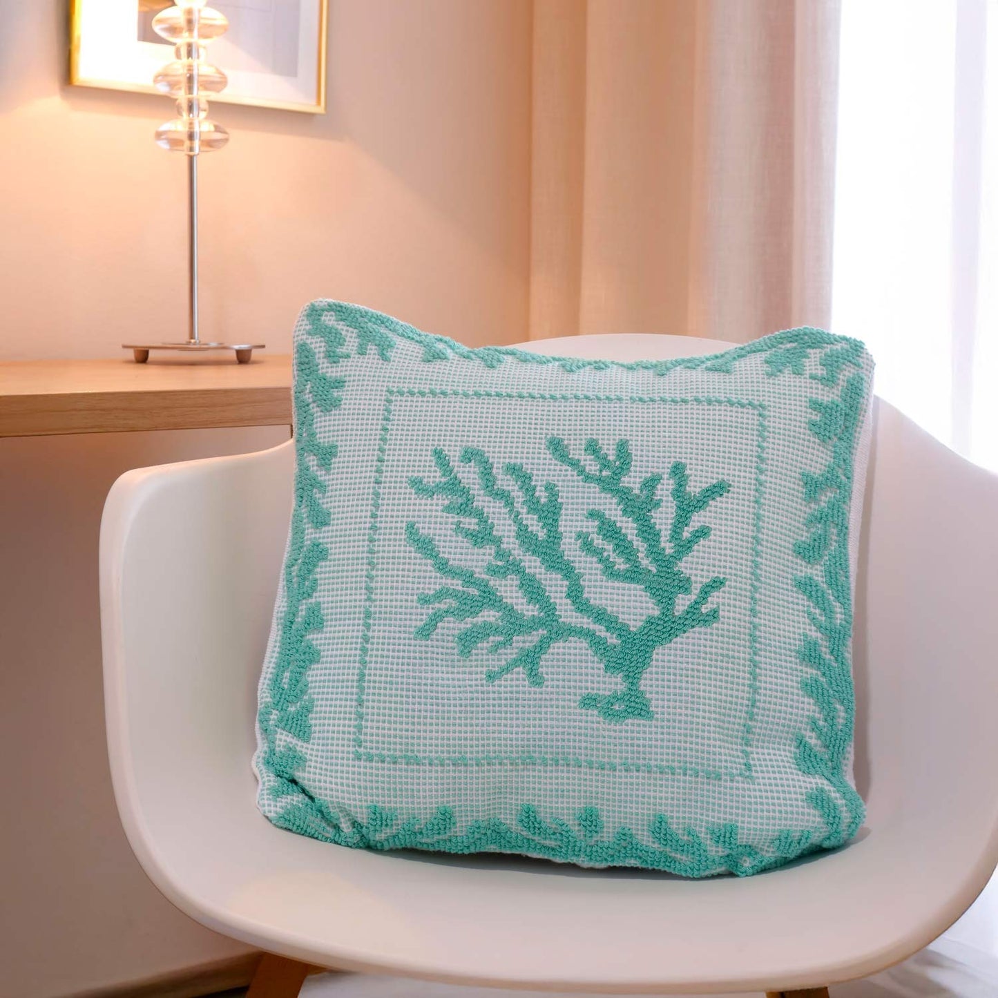 Cuscino in Cotone, Decoro Corallo Verde - Artigianato Pasella