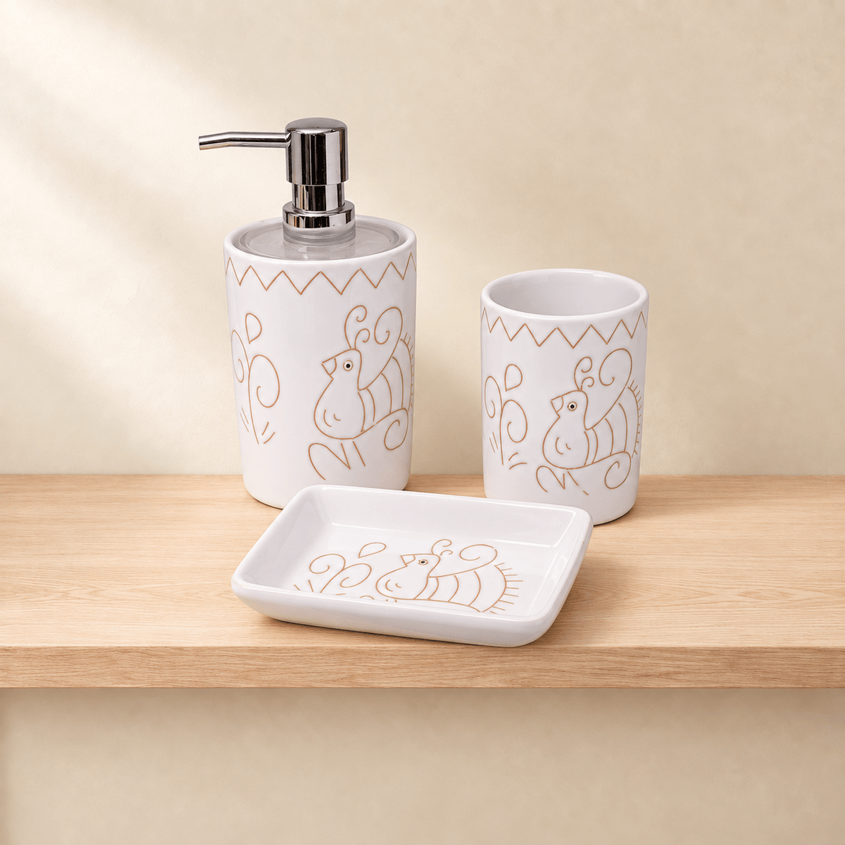 Set da bagno di 3 pezzi con motivo pavoncella bianca - Artigianato Pasella