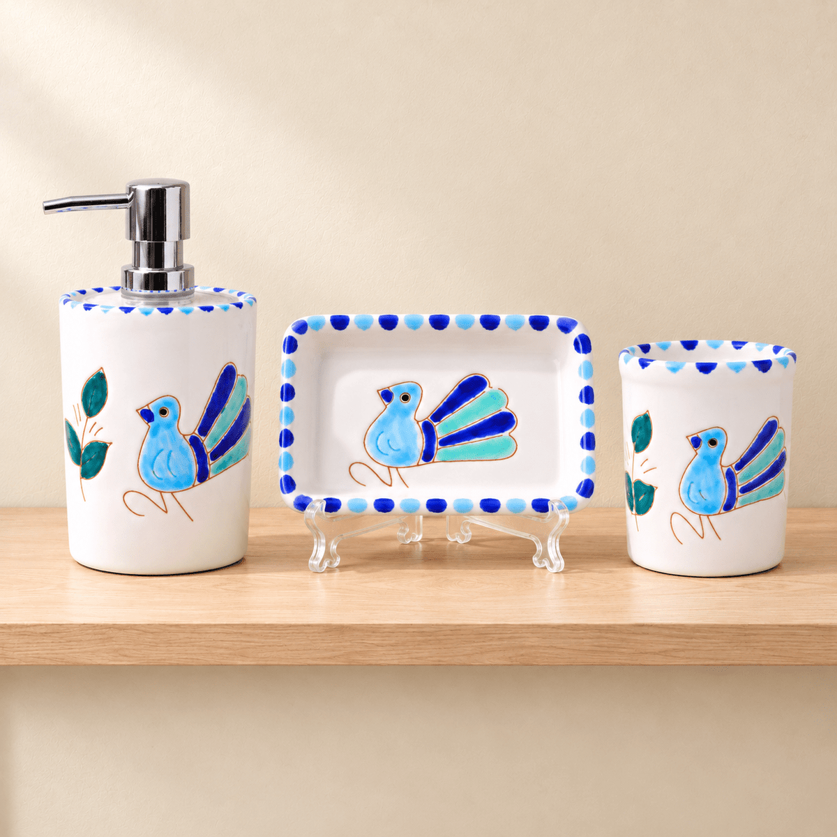 Set da bagno di 3 pezzi con motivo pavoncella turchese - Artigianato Pasella