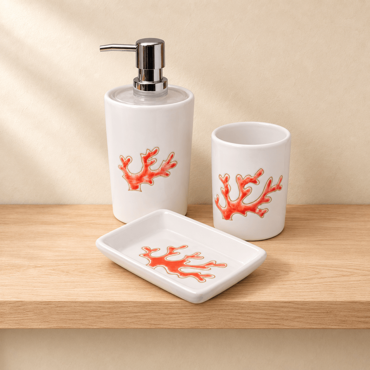 Set da bagno in Ceramica di 3 pezzi con motivo Corallo Rosso - Artigianato Pasella