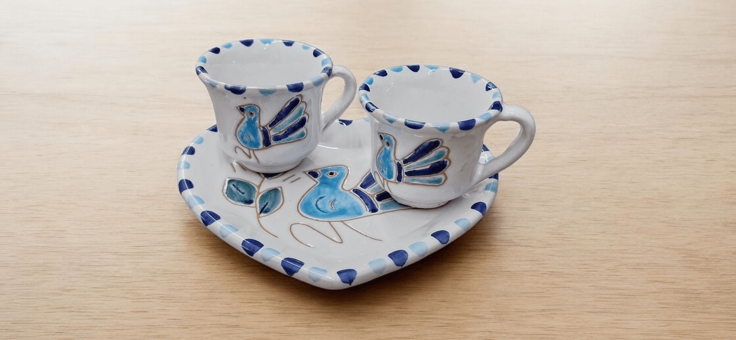 Set da caffè x2 con motivo pavoncella turchese e vassoio cuore - Artigianato Pasella