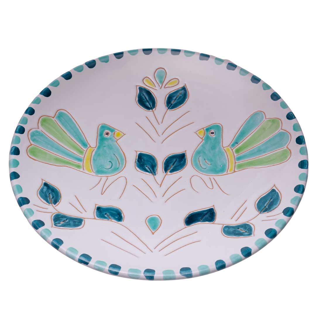 Set piatti con motivo pavoncella verde acqua - Artigianato Pasella