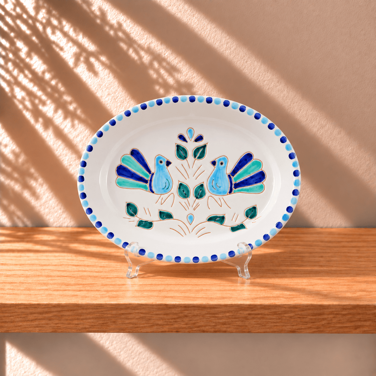 Vassoio ovale in Ceramica con decoro pavoncella turchese, cm 38 - Artigianato Pasella