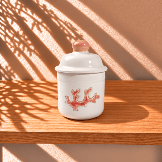 Barattolo con Coperchio in Ceramica con Decoro Corallo - Artigianato Pasella
