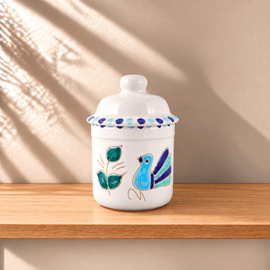 Barattolo in Ceramica con motivo Pavoncella Turchese - Artigianato Pasella