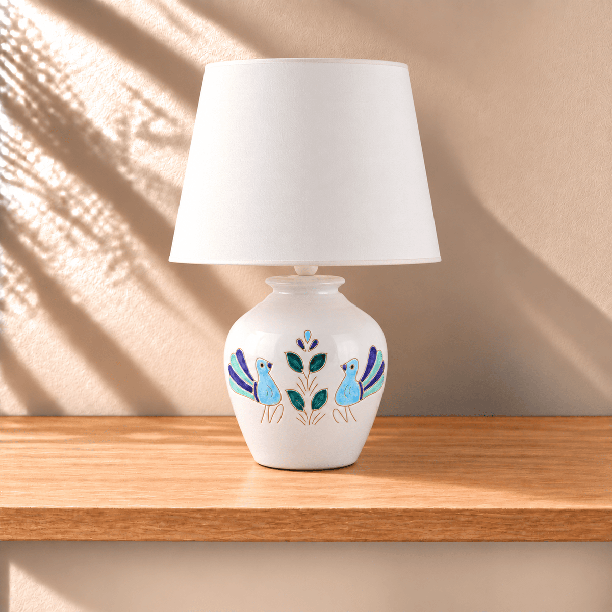Base lampada con motivo pavoncella turchese, altezza 20 cm - Artigianato Pasella