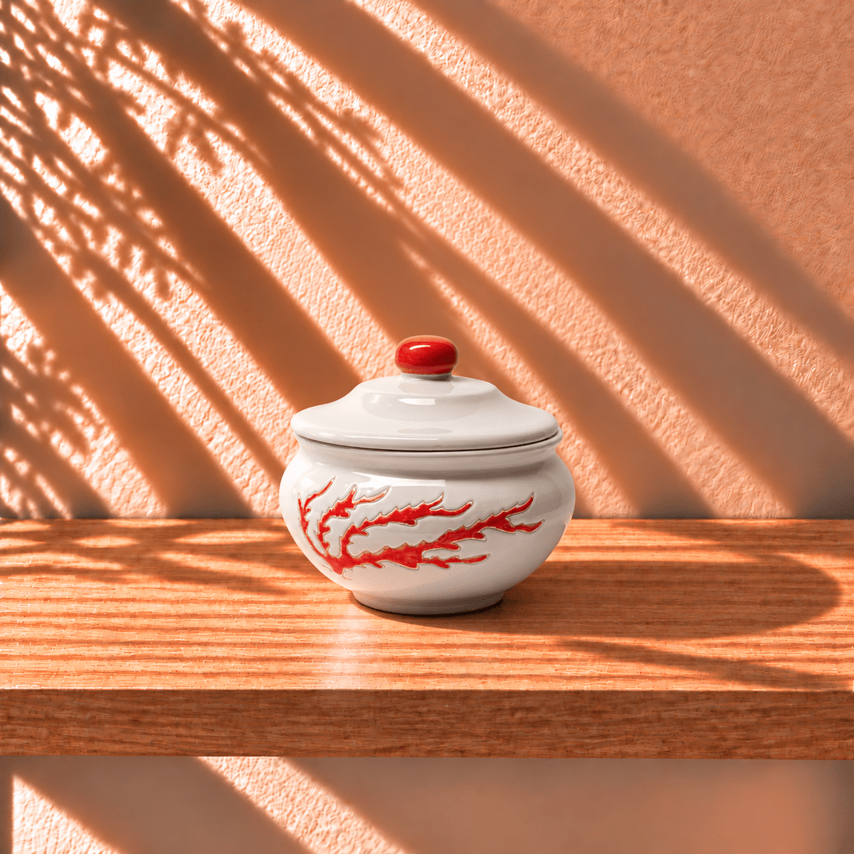 Biscottiera in Ceramica con Coperchio e Decoro Corallo Rosso - Artigianato Pasella