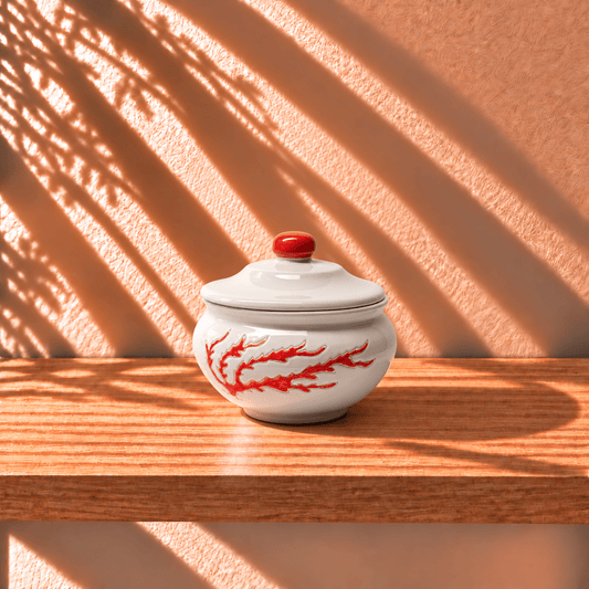 Biscottiera in Ceramica con Coperchio e Decoro Corallo Rosso - Artigianato Pasella