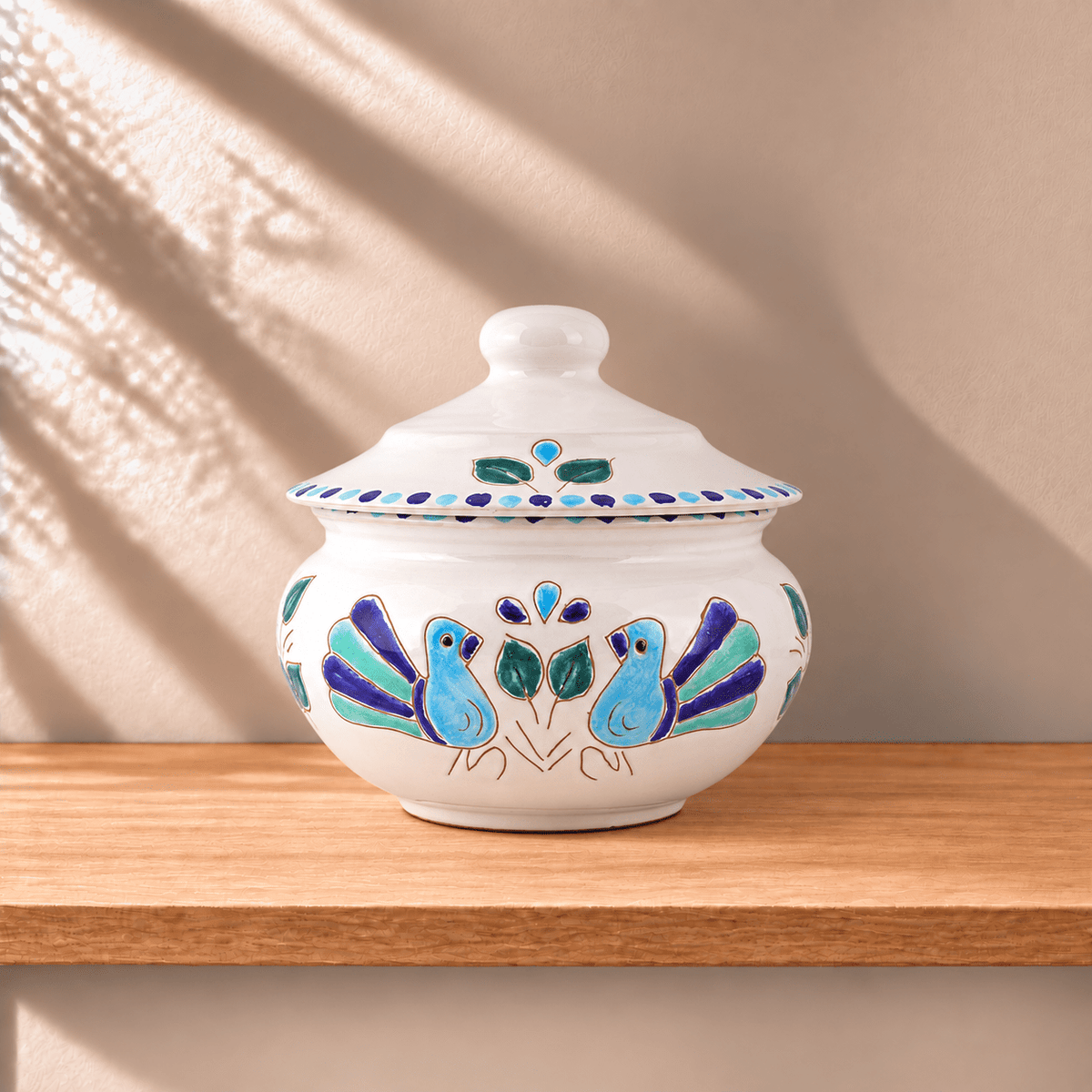 Biscottiera in Ceramica con motivo Pavoncella Turchese - Artigianato Pasella