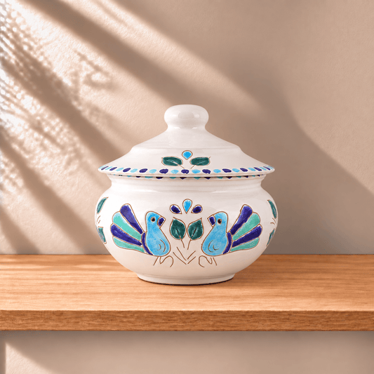 Biscottiera in Ceramica con motivo Pavoncella Turchese - Artigianato Pasella