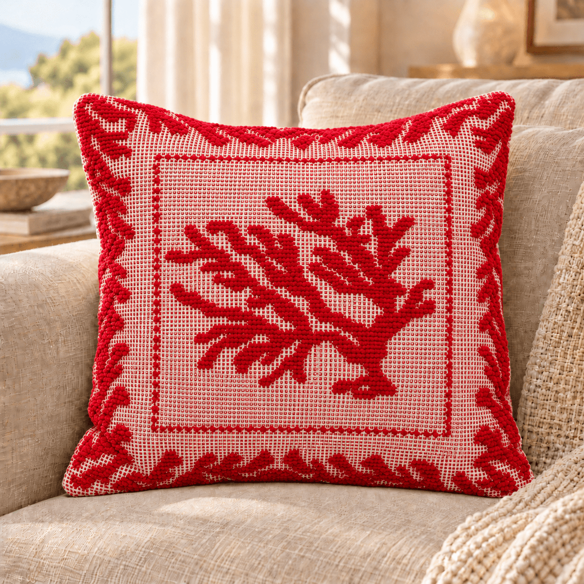 Cuscino in Cotone, Decoro Corallo Rosso - Artigianato Pasella