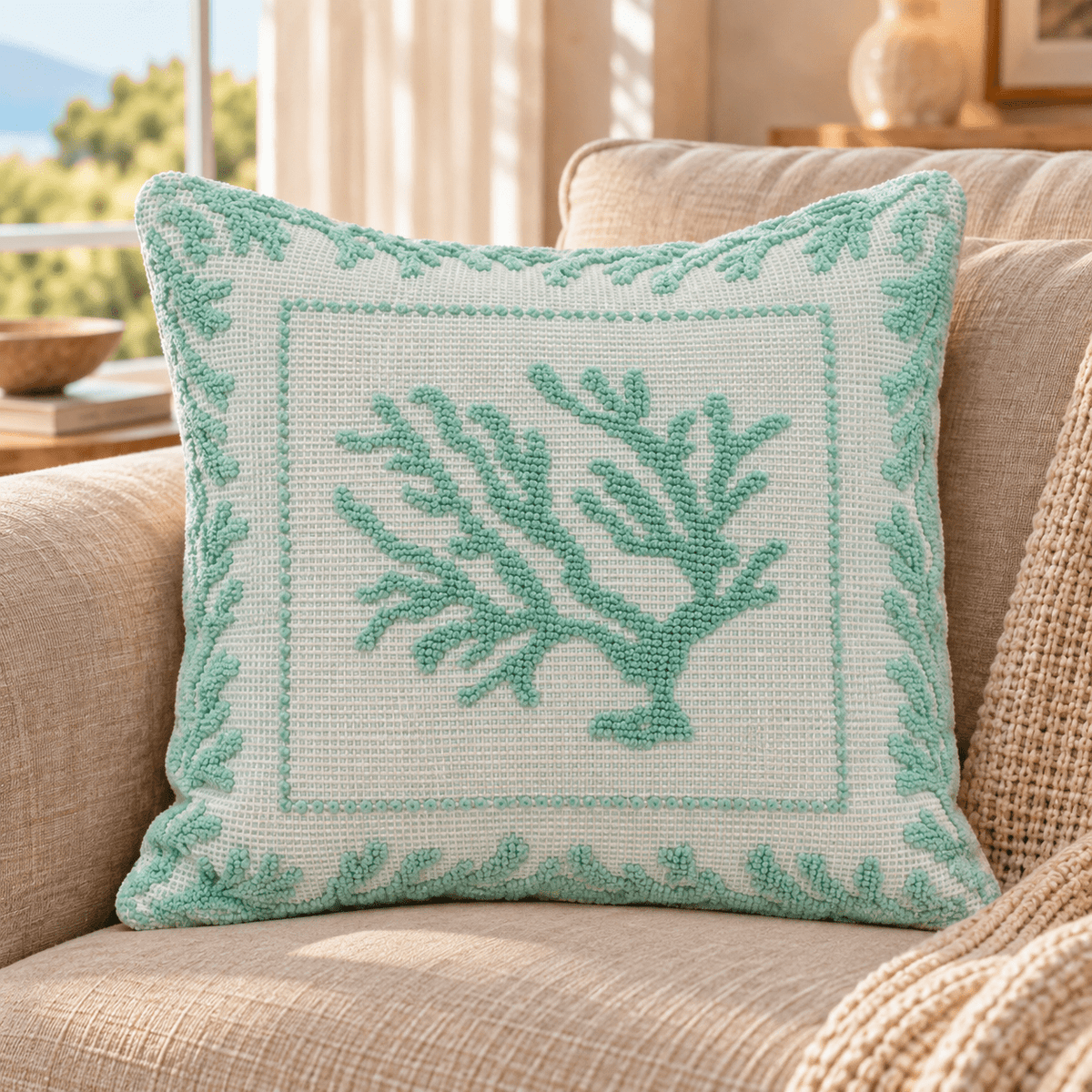 Cuscino in Cotone, Decoro Corallo Verde - Artigianato Pasella