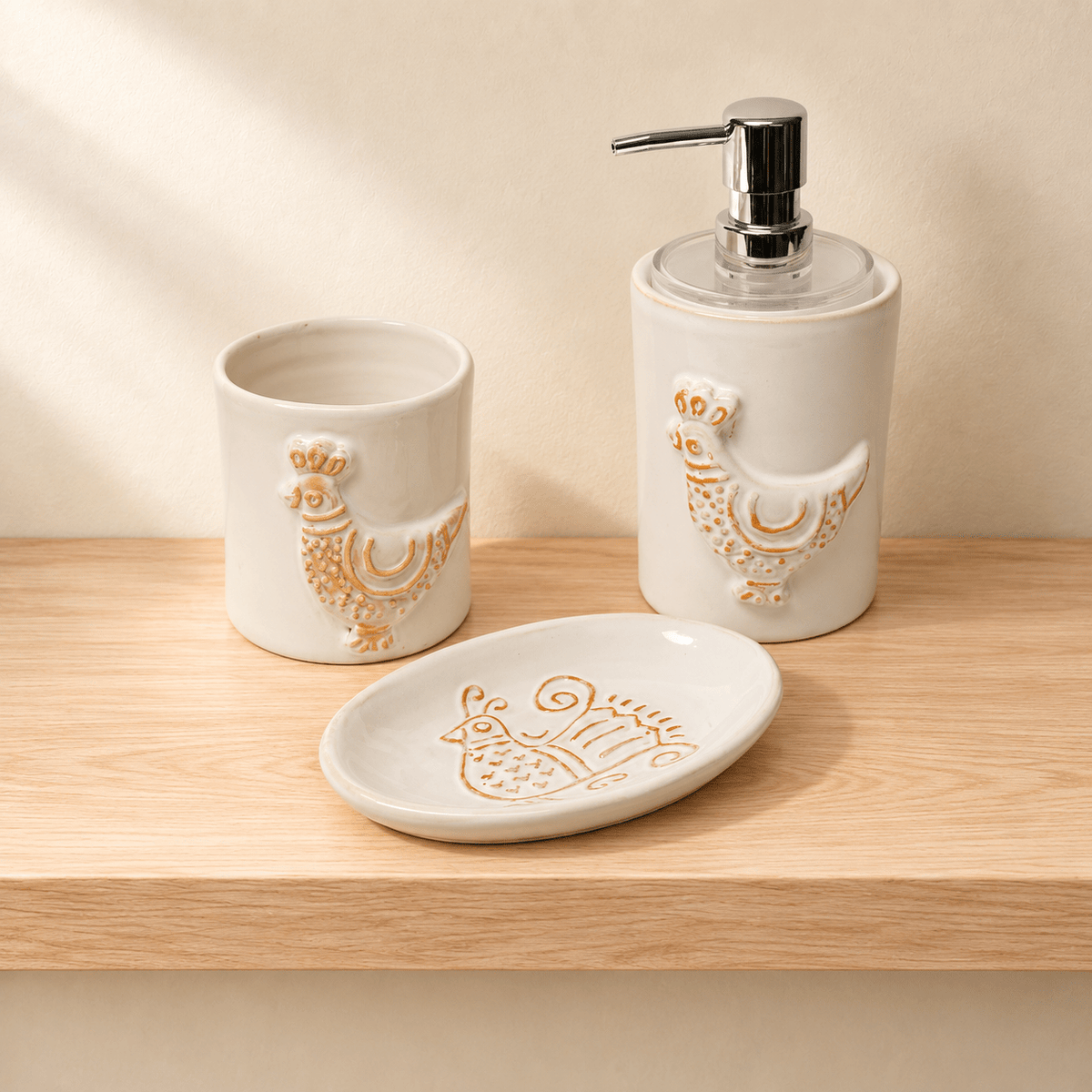 Set da bagno di 3 pezzi con motivo pavoncella in rilievo - Artigianato Pasella