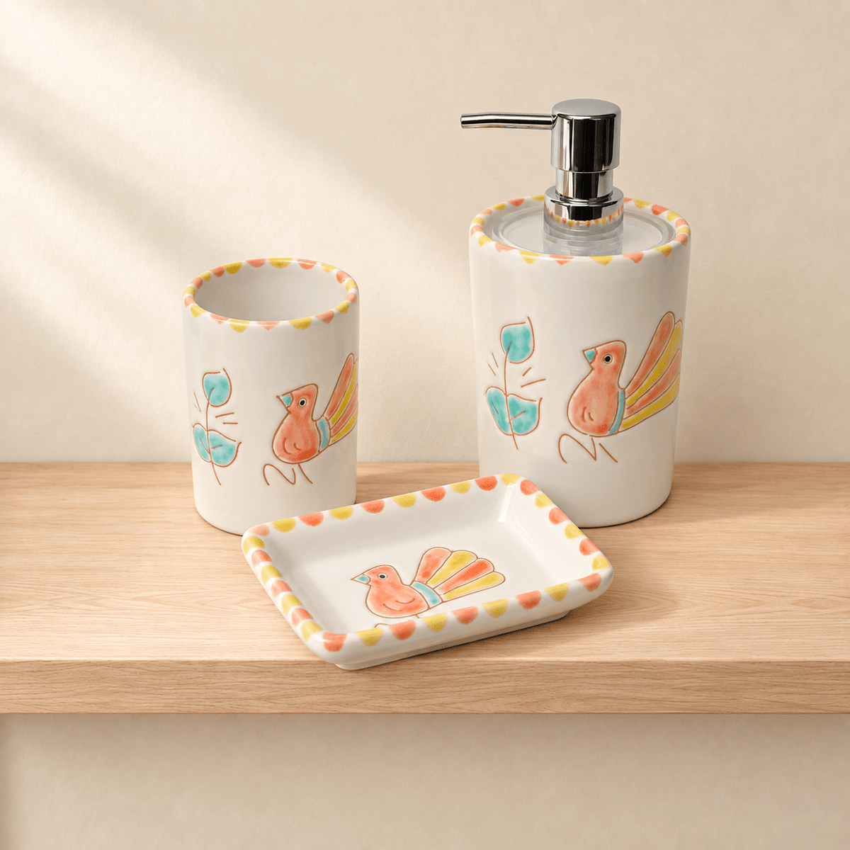 Set da bagno di 3 pezzi con motivo pavoncella salmone - Artigianato Pasella