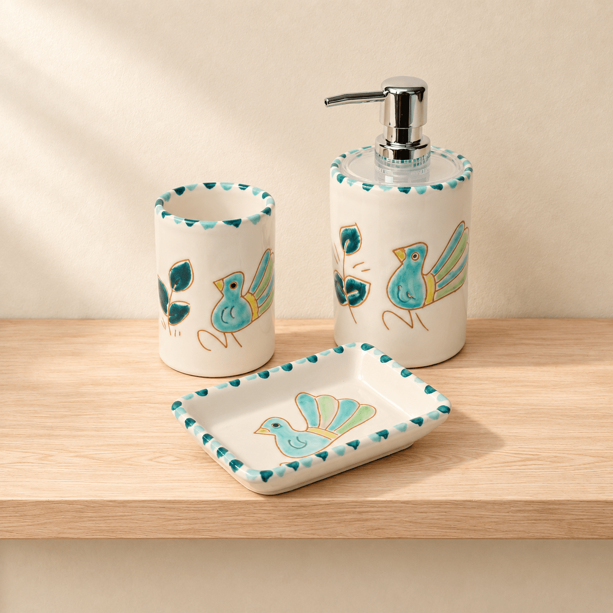 Set da bagno di 3 pezzi con motivo pavoncella verde - Artigianato Pasella