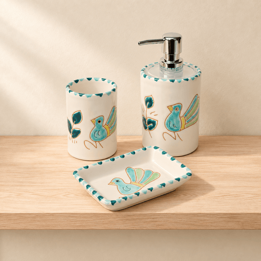 Set da bagno di 3 pezzi con motivo pavoncella verde - Artigianato Pasella