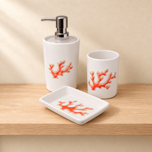 Set da bagno in Ceramica di 3 pezzi con motivo Corallo Rosso - Artigianato Pasella