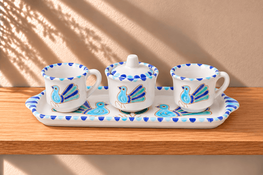 Set da caffè con motivo pavoncella turchese - Artigianato Pasella