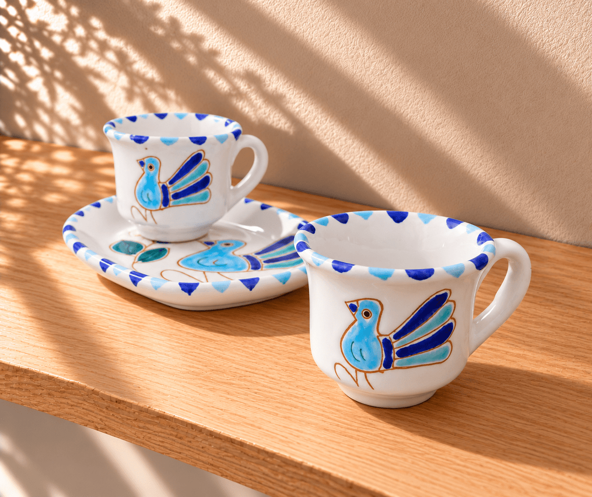 Set da caffè x2 con motivo pavoncella turchese e vassoio cuore - Artigianato Pasella