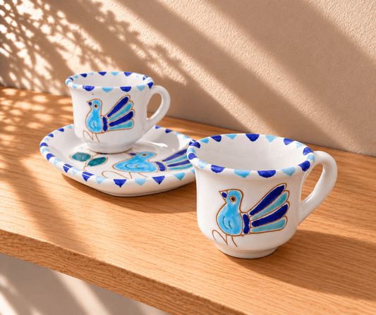 Set da caffè x2 con motivo pavoncella turchese e vassoio cuore - Artigianato Pasella