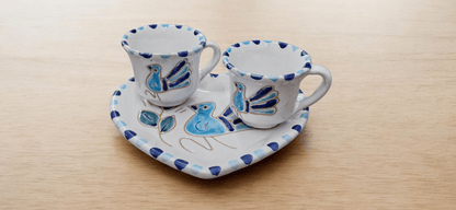 Set da caffè x2 con motivo pavoncella turchese e vassoio cuore - Artigianato Pasella