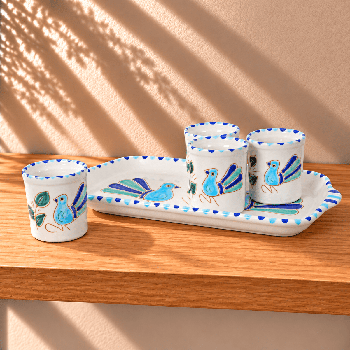 Set di 4 bicchieri con motivo pavoncella turchese - Artigianato Pasella