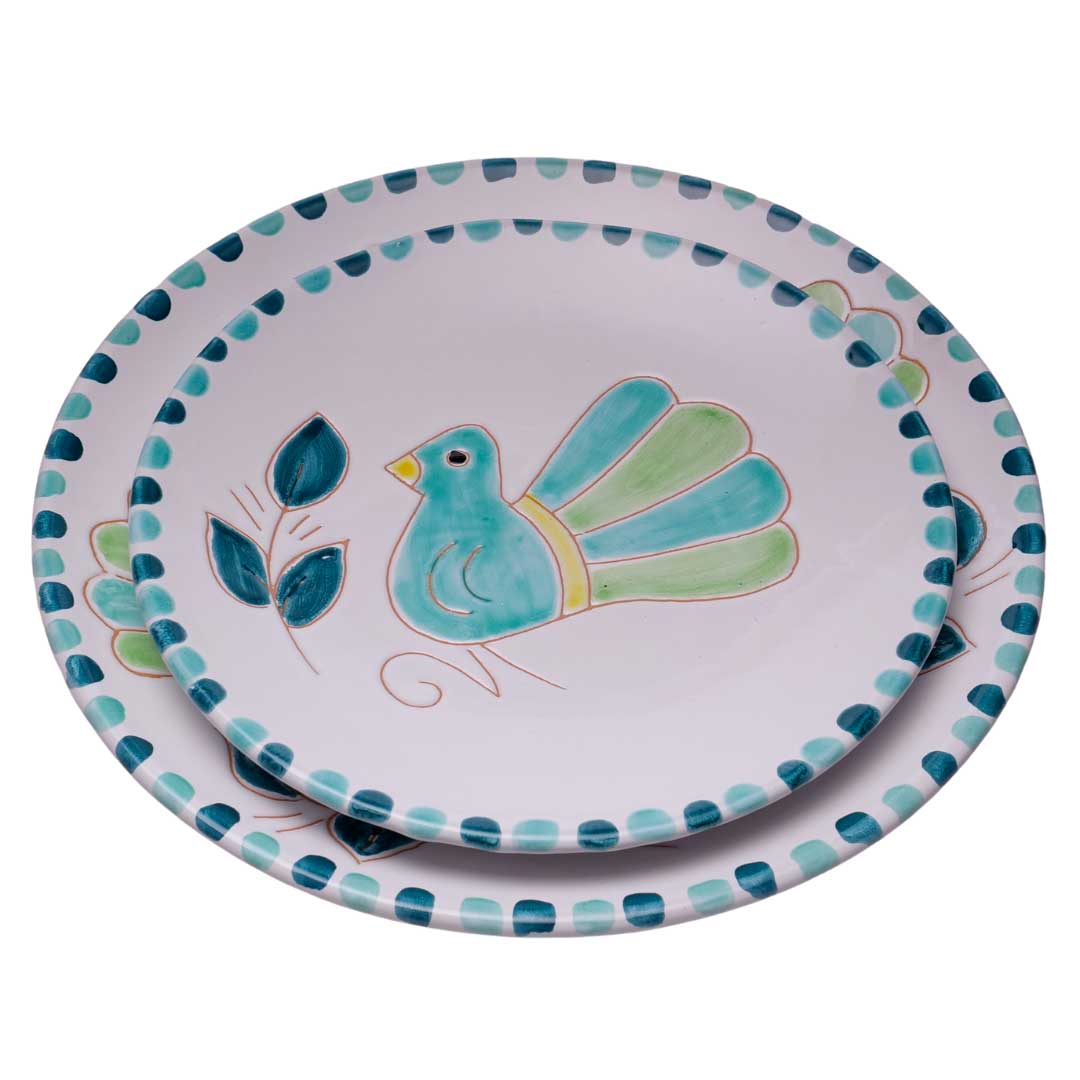 Set piatti con motivo pavoncella verde acqua - Artigianato Pasella