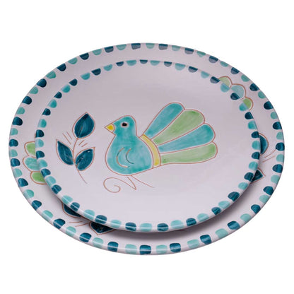 Set piatti con motivo pavoncella verde acqua - Artigianato Pasella