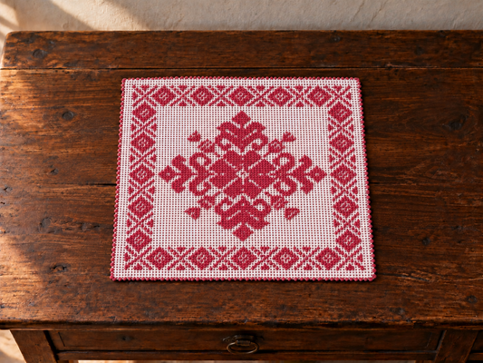 Tappetino- centrino sardo, cotone, lavorazione meccanica, decorazione giglio rossoo, 35x35 cm