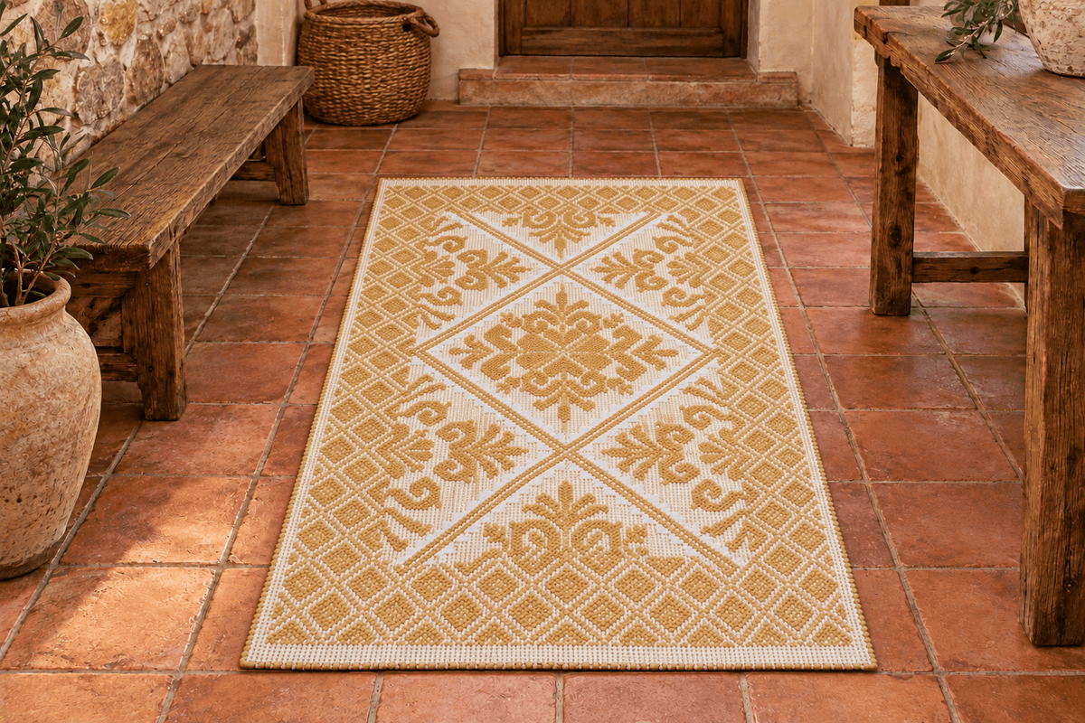 Tappeto sardo, lavorazione meccanica, cotone, giglio giallo e bianco, 55x80 cm - Artigianato Pasella