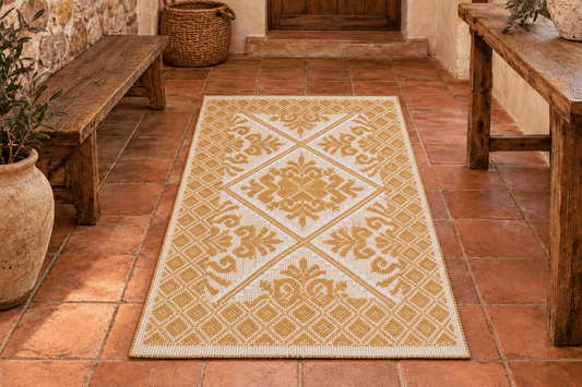 Tappeto sardo, lavorazione meccanica, cotone, giglio giallo e bianco, 55x80 cm - Artigianato Pasella