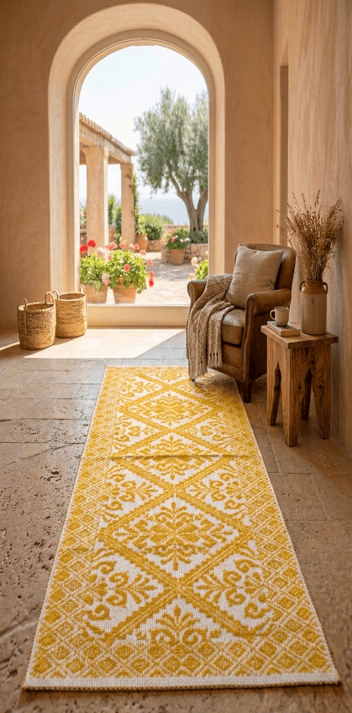 Tappeto sardo, lavorazione meccanica, decorazione giglio giallo e bianco, misura 55x140 - Artigianato Pasella