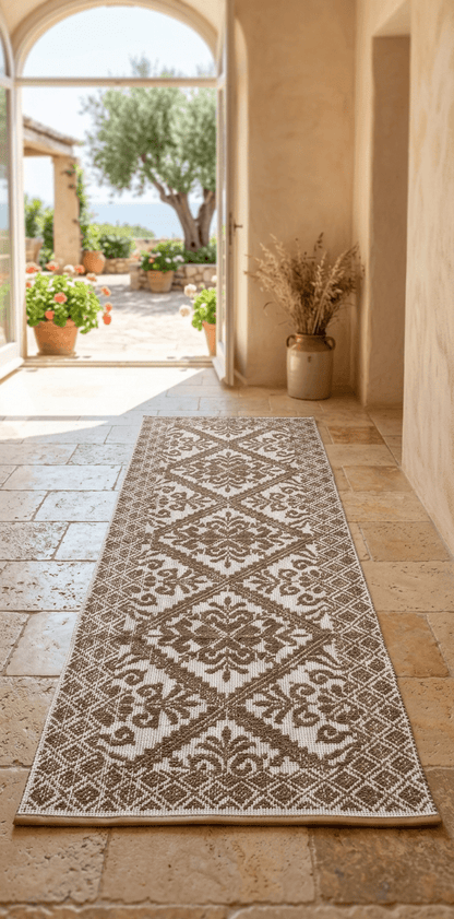 Tappeto sardo, lavorazione meccanica, decorazione giglio tortora, 55*140 - Artigianato Pasella