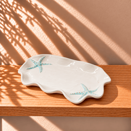 Vassoio ondulato in Ceramica con Decoro Stelle Marine rilievo verdi - Artigianato Pasella