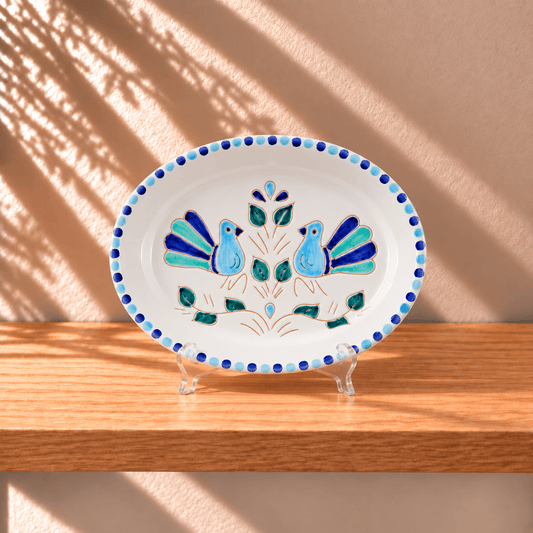 Vassoio ovale in Ceramica con decoro pavoncella turchese, cm 38 - Artigianato Pasella