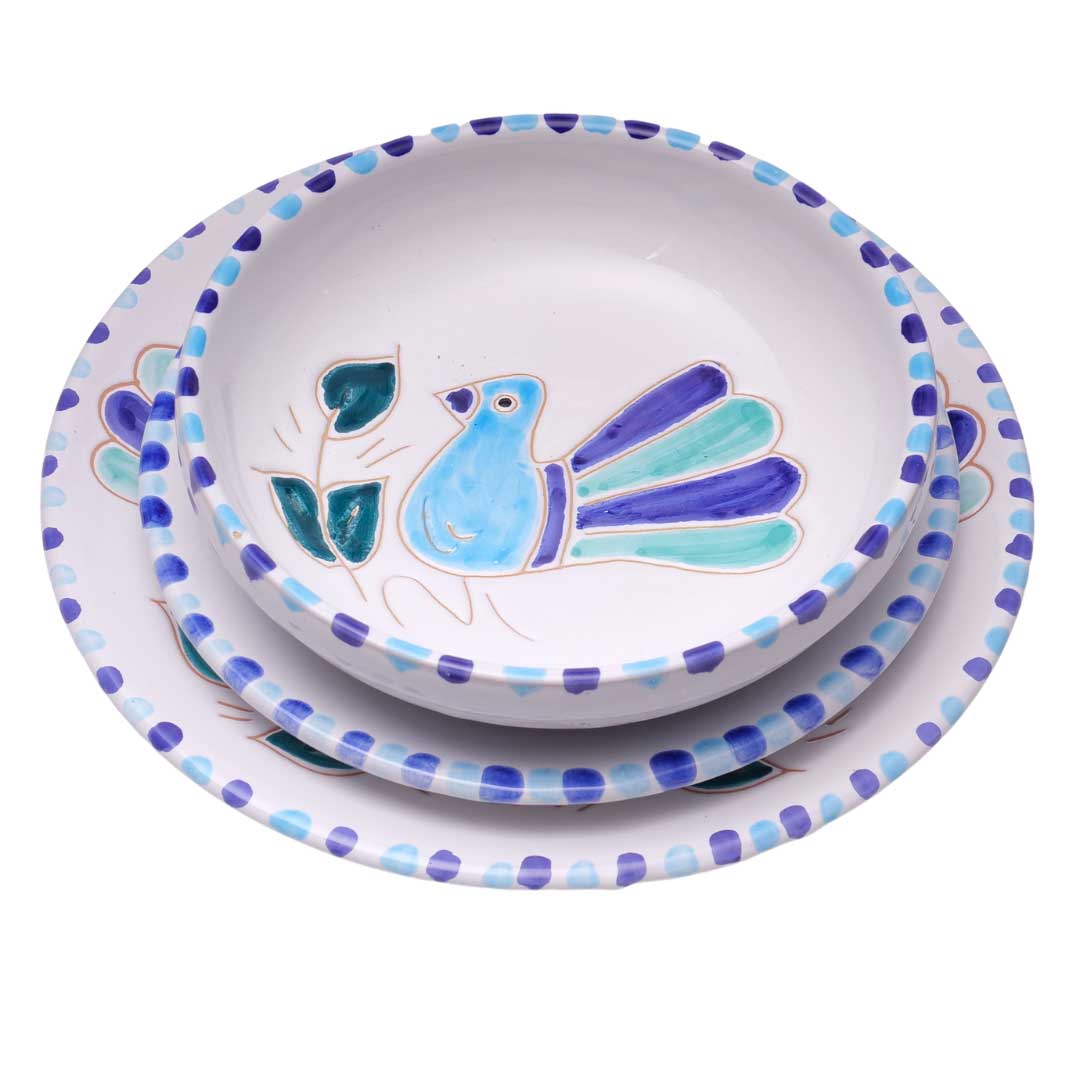 Set piatti con motivo pavoncella turchese - Artigianato Pasella